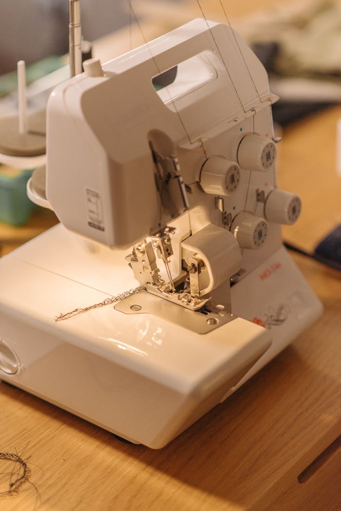 Detailed view of an active sewing machine with thread and fabric, ideal for tailoring content.
